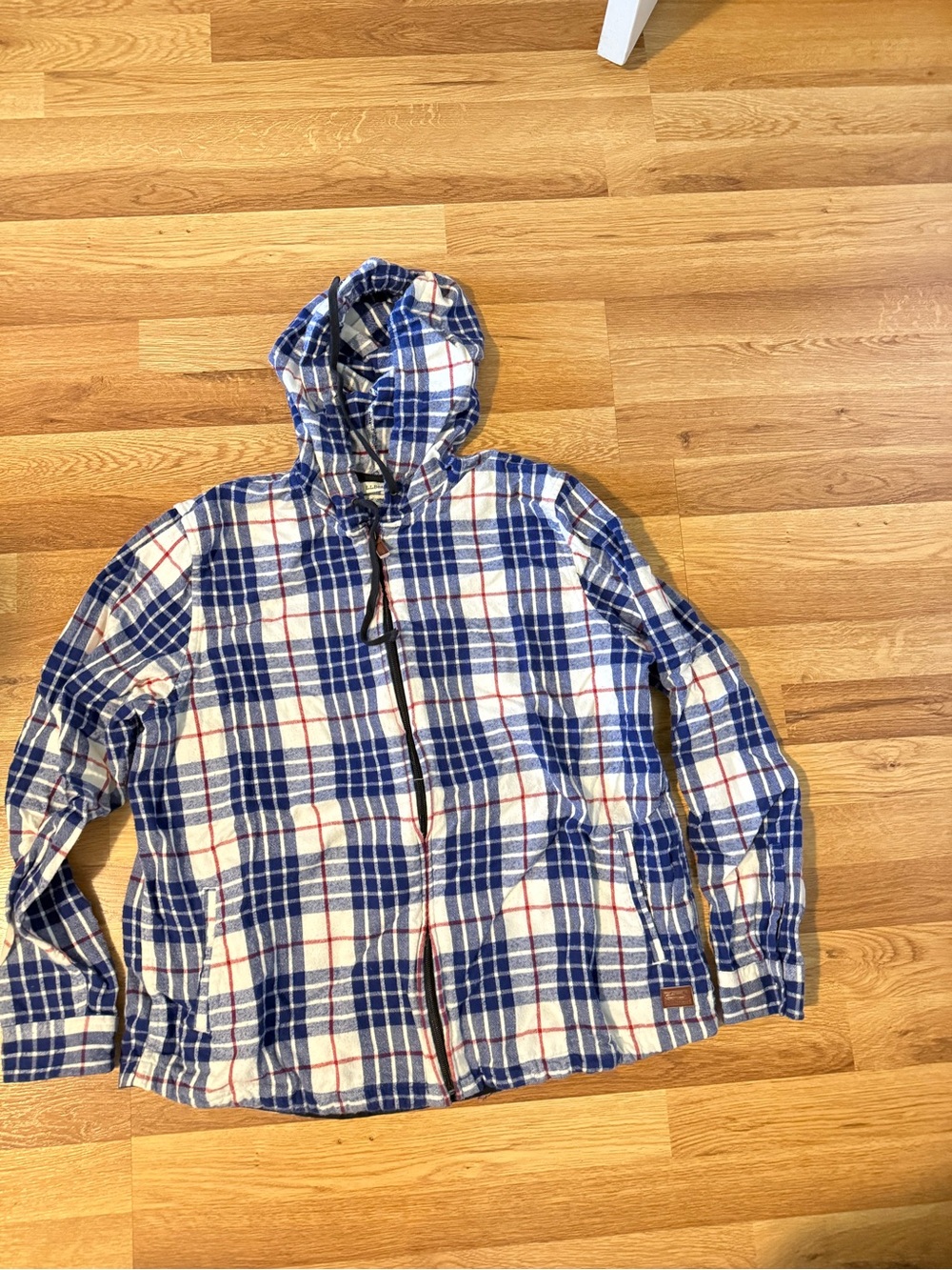 L.L. Bean Blue, White & Red Plaid Hooded Zip Jacket